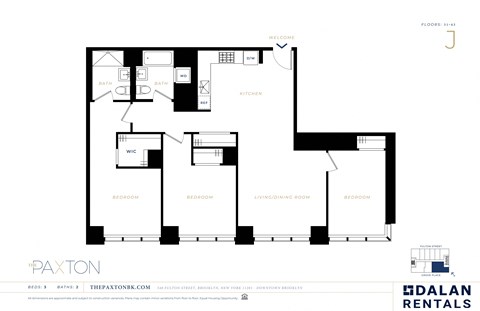 Floor plan for 3 beds, 2 baths, 1252 sqft
